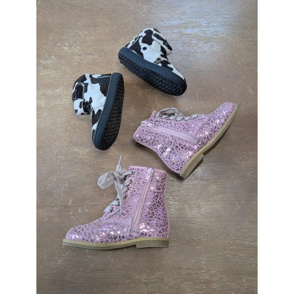 Monkey Feet Toddler Leather Boot Bundle Cow Print & Pink Metallic Leopard 18-24M
